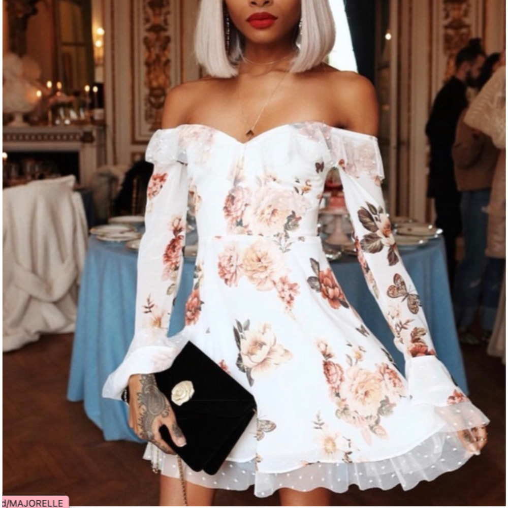 $188 MAJORELLE SCOUT Bell Sleeve Dress WHITE ZINNIA Tulle Off Shoulder Romantic